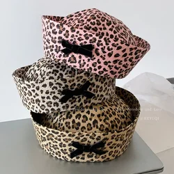 Japanese Y2K JK Yuppie Style Bow Leopard Print Sailor Hat Female Retro Hottie Showing Face Small Flipped Brim Beret Cap Women