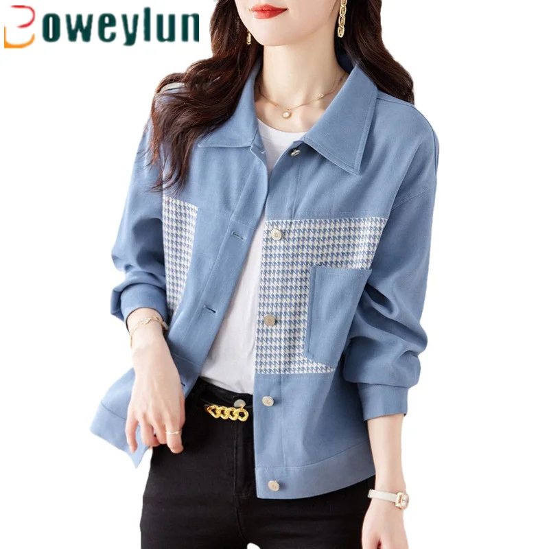 Boweylun New Plaid Color Blocked  Clash Jacket Women Autumn Fashion Lapel Short Coat