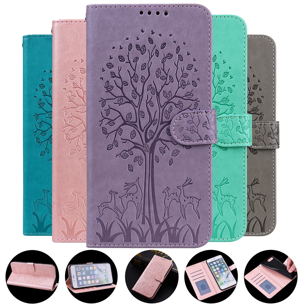 13Pro Flip Leather Case for iPhone 13 12 11 Pro Max X XS XR 6 7 8 Plus SE Case Tree Deer Magnetic Wallet Card Holder Phone Cover