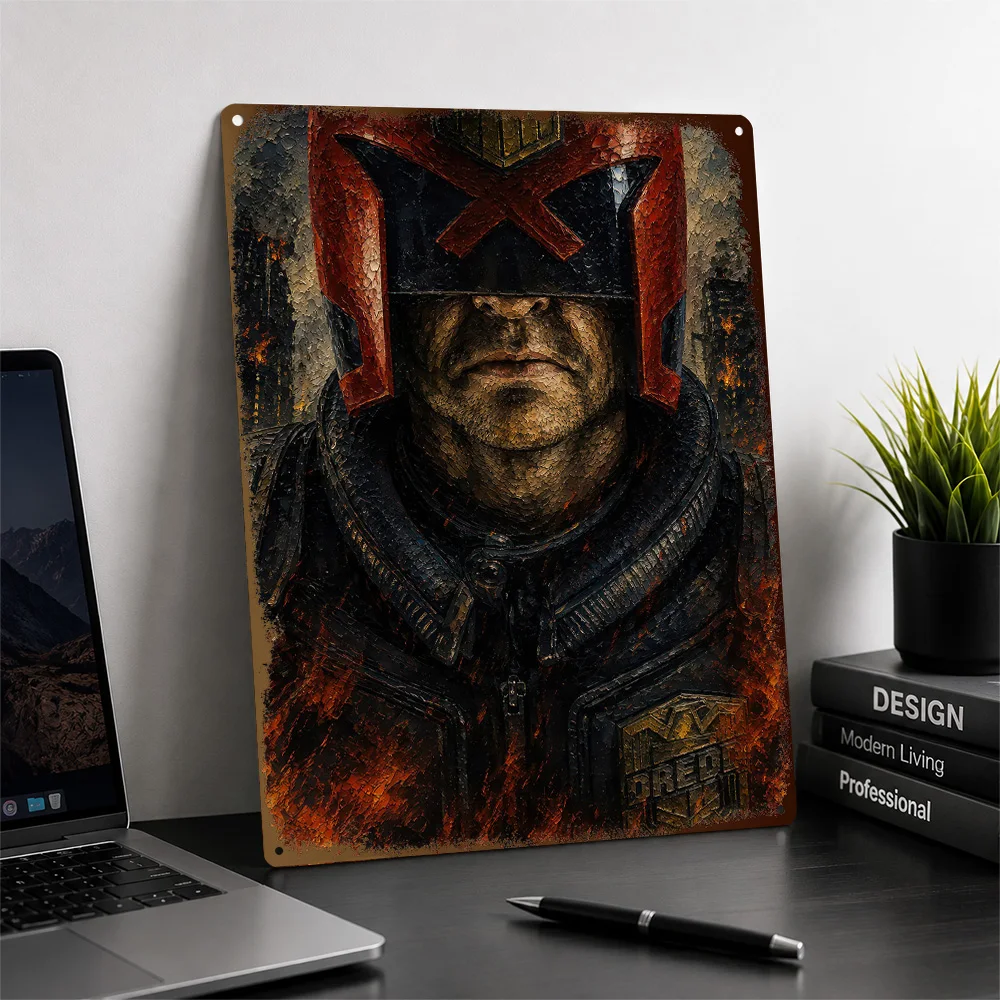 Judge Dredd Portrait In Flames Textured Metal Poster Cinematic Wall Art For Media Room Personalized Aluminum Sign Birthday Gift