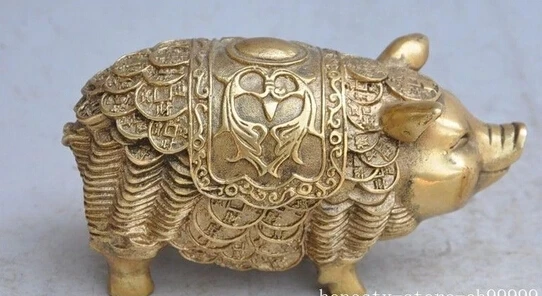 

Free Shipping 15.5cmm 6" Japanese bronze copper wealth money lucky Auspicious pigs animal beast statue
