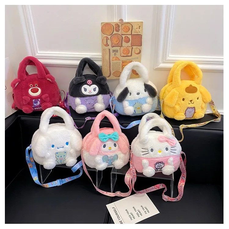 Kawaii Sanrio Plush Bag for Women Cinnamoroll Hello Kitty Kuromi Cartoon Soft Stuff Handbag Shoulder Crossbody Bag Coin Purse