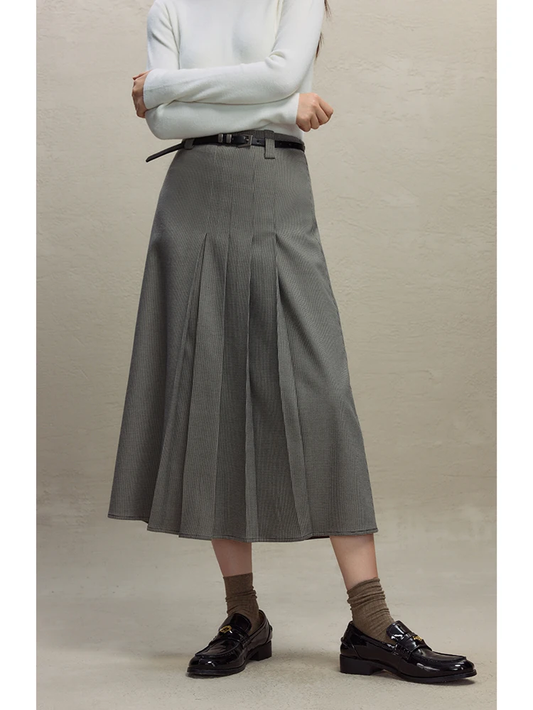 ZIQIAO Women Retro Plaid Blouses Skirts Sets 2023 Winter Temperament Houndstooth Polo Neck Shirts Asymmetric Female Long Skirt