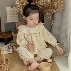 Girls Set Clothes Baby Homewear Muslin Cotton Floral Pajama Outfit Kids Princess Doll Collar Suit Shirt Tops+Pants 2PC 0-7 Years