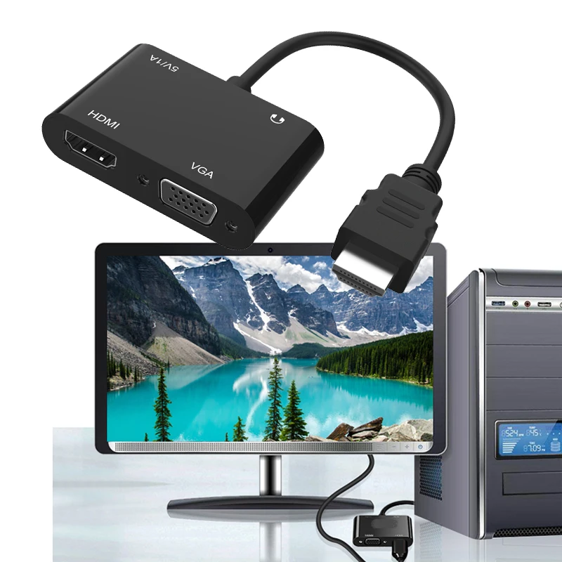 Adapter VGA 1080P, kompatibel dengan HDMI ke HDMI, 4 in 1 4K, adaptor Splitter internet, berbagi, LAN extender