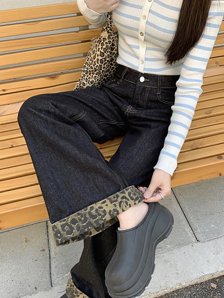 

Retro Large Size Leopard Print Wide Leg Jeans Women's Floor-Length Pants Winter High Waist Loose Straight Long Trousers