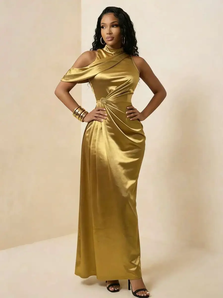 

Elegant Asymmetric Shoulder Ruched Maxi Dress With Metal Buckle For Women Formal Party Occasion
