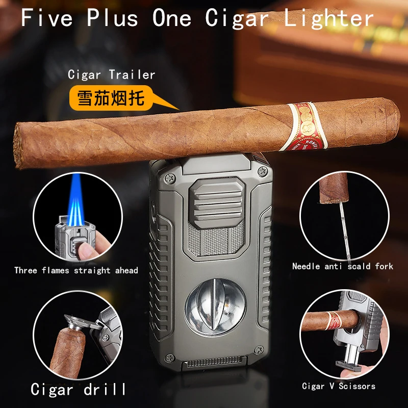 يأتي مع ماكينة قص السيجار على شكل حرف V، محمولة ومتعددة الوظائف، ومبتكرة خمسة في واحد وثلاثة ولاعة أمامية مستقيمة