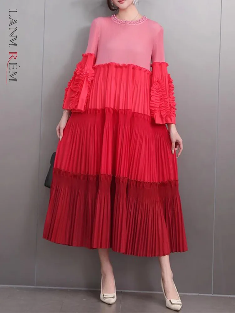 LANMREM Pleated Ruffle Dress For Women Round Neck Flare Sleeves Color Block Fashion Dresses Ladies Party Clothing New 2DB2320