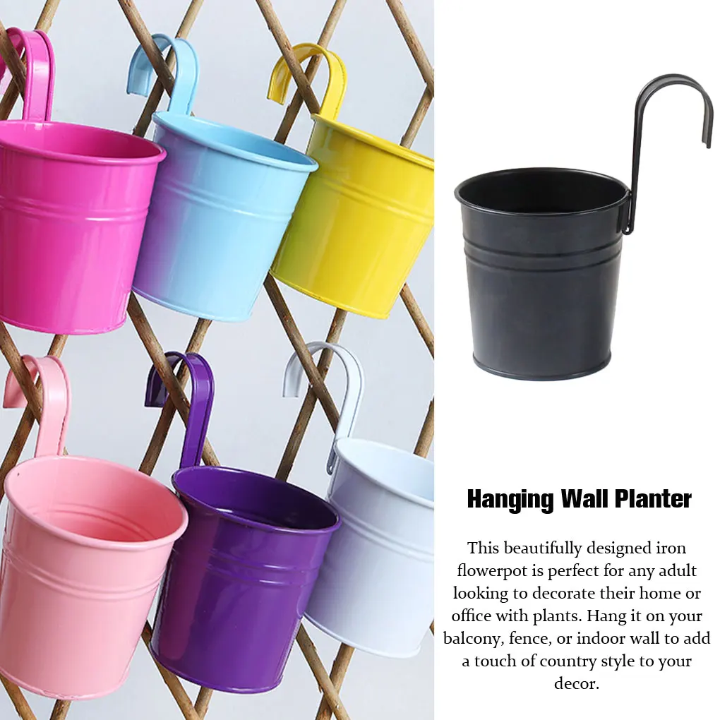 4X Black Metal Hanging Flower Pots with Detachable Hook Storage Bucket Iron Planter Outdoor Indoor Fence Balcony