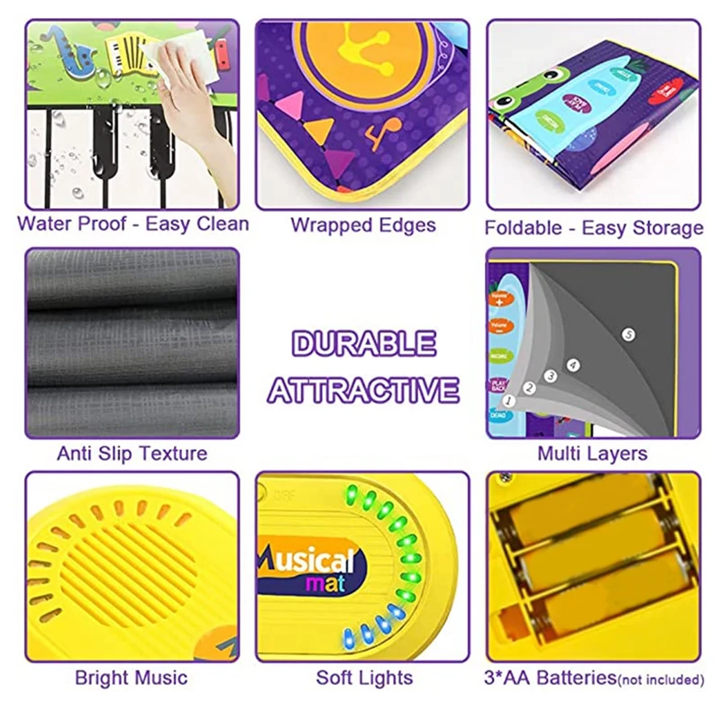 아기 장난감, 유아 피아노 키보드 및 드럼 바닥 매트, 스틱 포함, 초기 음악 학습 감각 장난감, 1-3 세