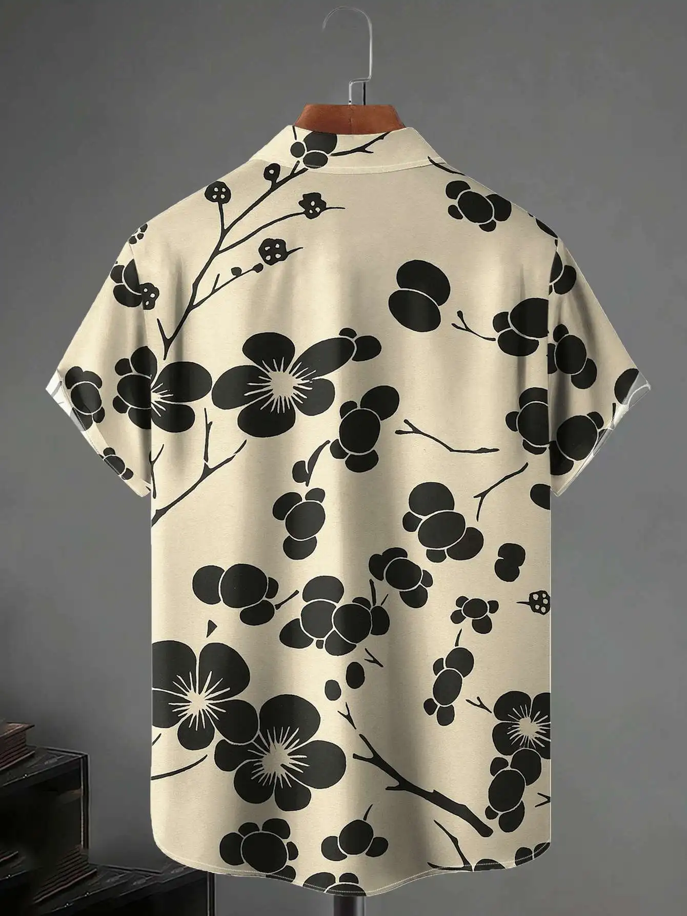 Retro-style elegant plum blossom short-sleeved shirt, Hawaiian floral 3D pattern men's versatile loose-fitting collared top