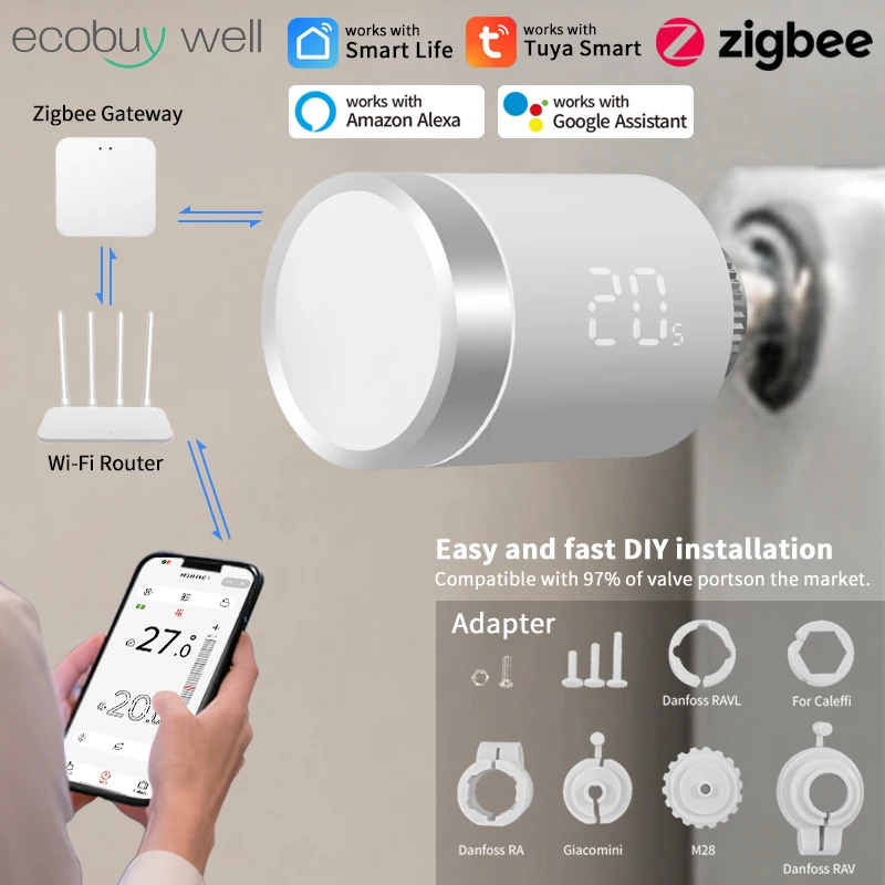 Ecobuywell Tuya ZigBee Smart TRV Thermostatic Valve Thermostat Radiator Valve Temperature Controller Alexa Google Home Alice