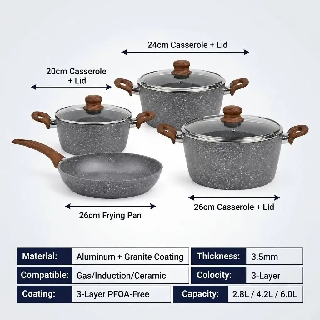 Custom Sold Individually Granite Nonstick Aluminum Cookware Set Induction With Glass Lids Nylon Accessories Factory OEM Supply
