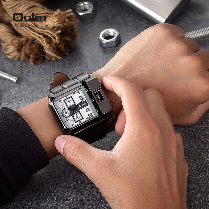 OULM Brand New Original Unique Design Square Men\'s  Wristwatch Fashion Big Dial Leather Strap Quartz Watch Male Sport Watch Hot