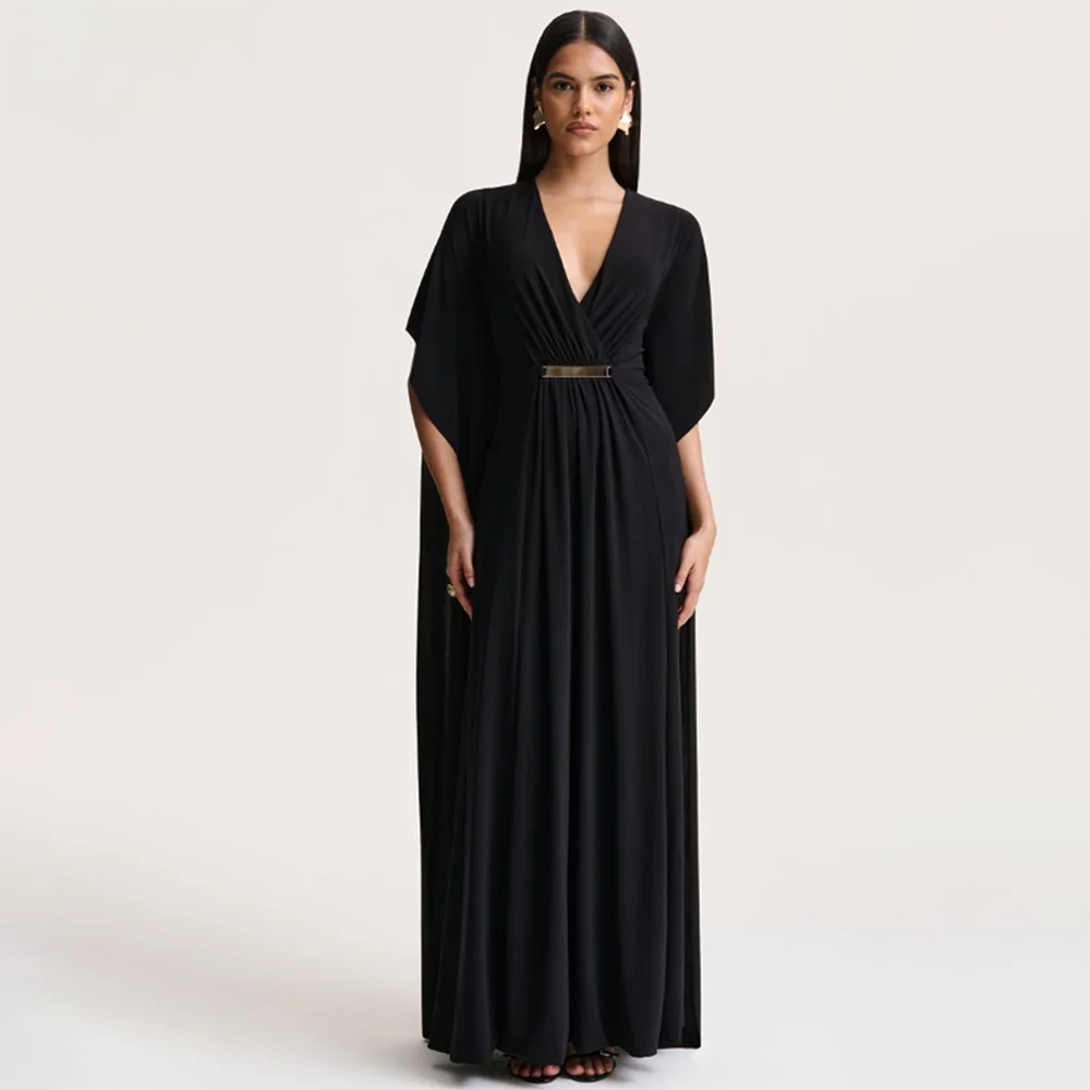 

Women's Formal Evening Gowns V Neck Half Sleeve Pleated Straight Evening Dresses Elegant Party Formal Dresses Cocktail Gowns