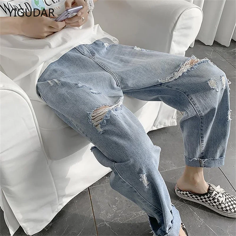 

Светло-голубые джинсы скинни мужские уличные рваные джинсы Homme в стиле хип-хоп Broken modis мужские брюки-карандаш Байкерские джинсовые брюки с вырезами