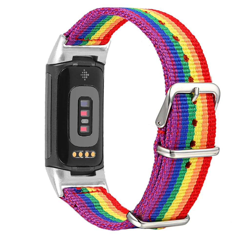 Applicare al cinturino per orologio Fitbit Charge 5/2/3/4 con cinturino arcobaleno LGBT in nylon metallo acciaio inossidabile con connettore dedicato