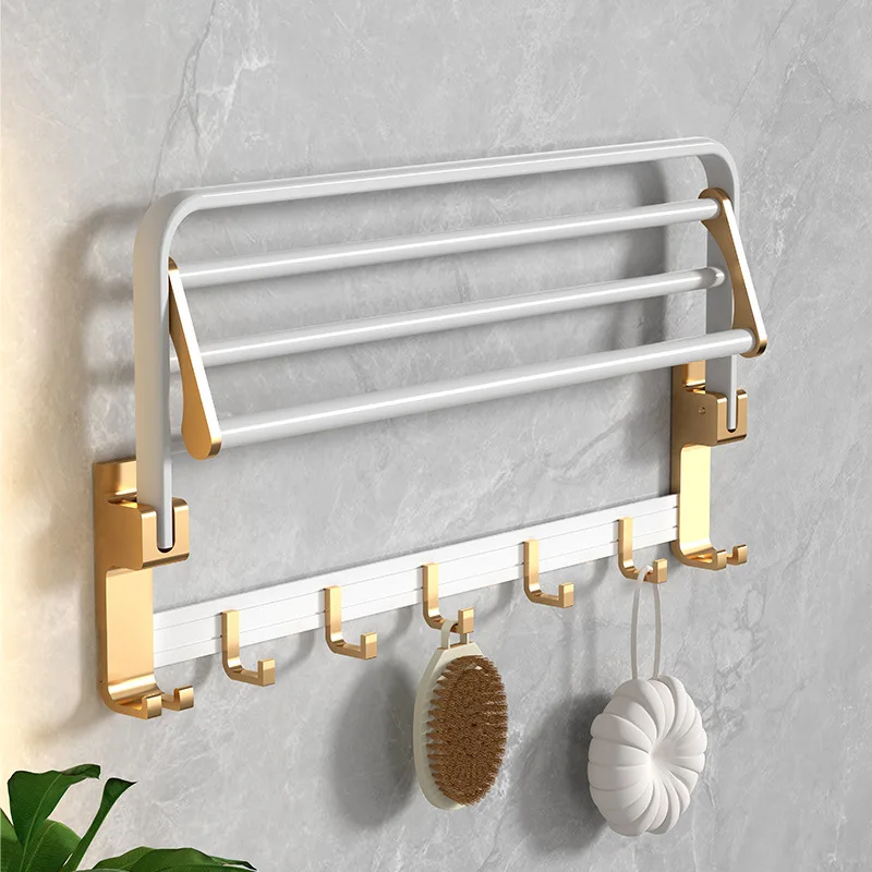 Bathroom Towel Rack Holder Shower Organizer Hanger Wall Fold Hook Bath White Gold Aluminum Storage Shelf Bathroom Accessories