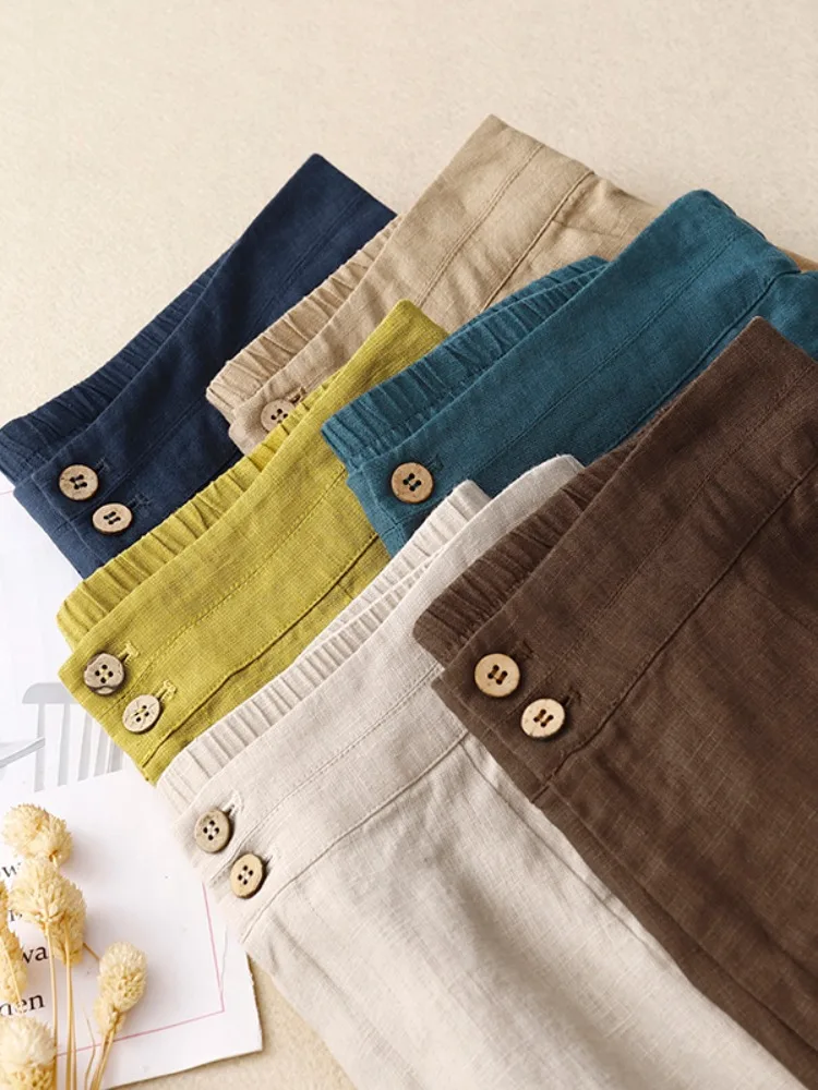 Letnie damskie spodnie z wysokim stanem, szerokie nogawki, lniane, luźne, codzienne spodnie, wyszczuplające, proste, bawełniano-lniane, długie spodnie typu skinny.
