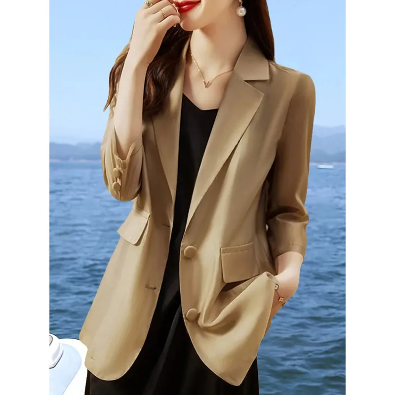 Women Oversized Thin Small Suit Coat 2024 Summer Advanced Sense Fashion Temperament Leisure Sun Protection Small Blazer Jacket