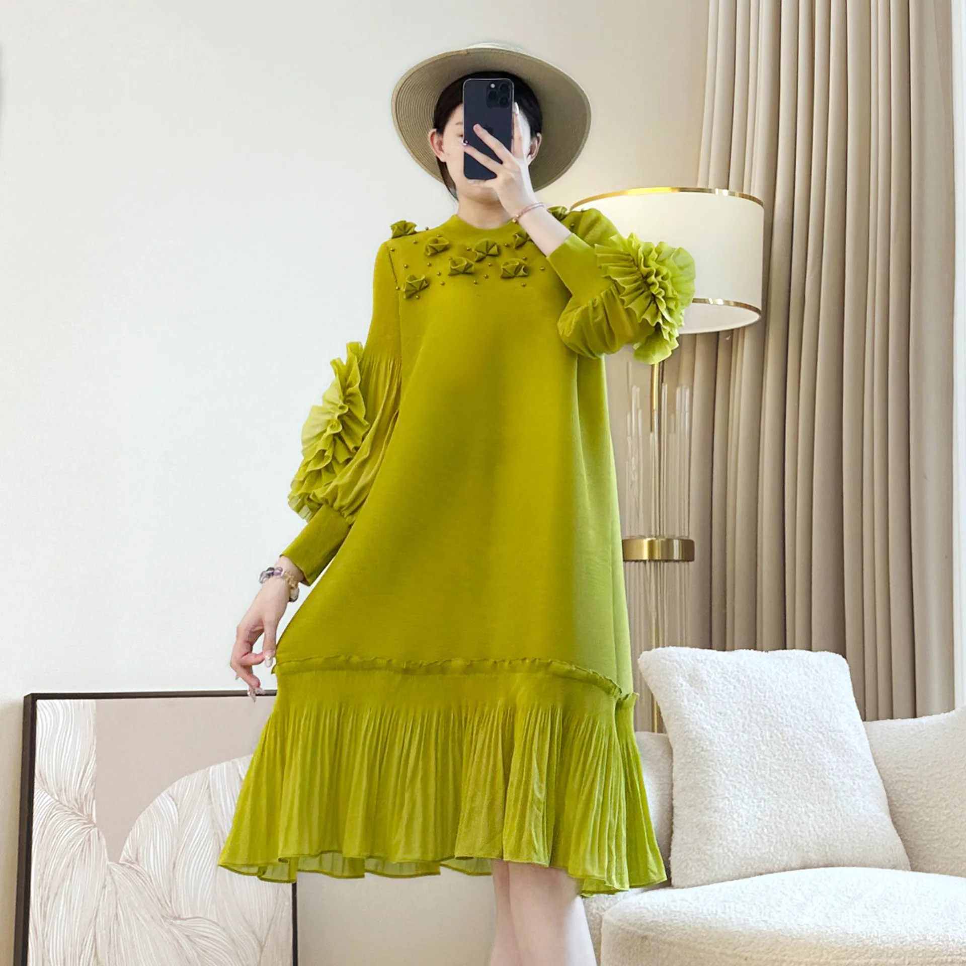 

Miyake Women's Pleated Dress with Embroidered Design Elegant Casual Style Long Sleeve and European American Fashion Plus Size