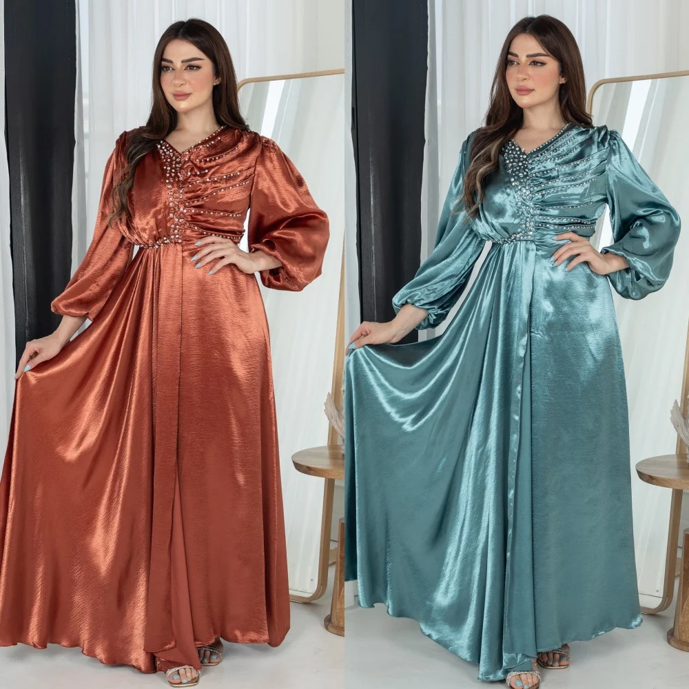 Robe Longue en Satin à Paillettes pour Femme, Vêtement avec Perles, Froncée, Ligne A, Col en V, sur Mesure, pour Occasions