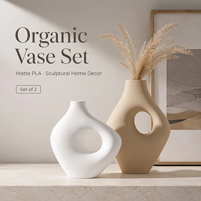 2Pcs Matte Hollow Two-Tone Stylish Vase Set, 3D Printed PLA Ins Style Dry Flower Window Display Decor