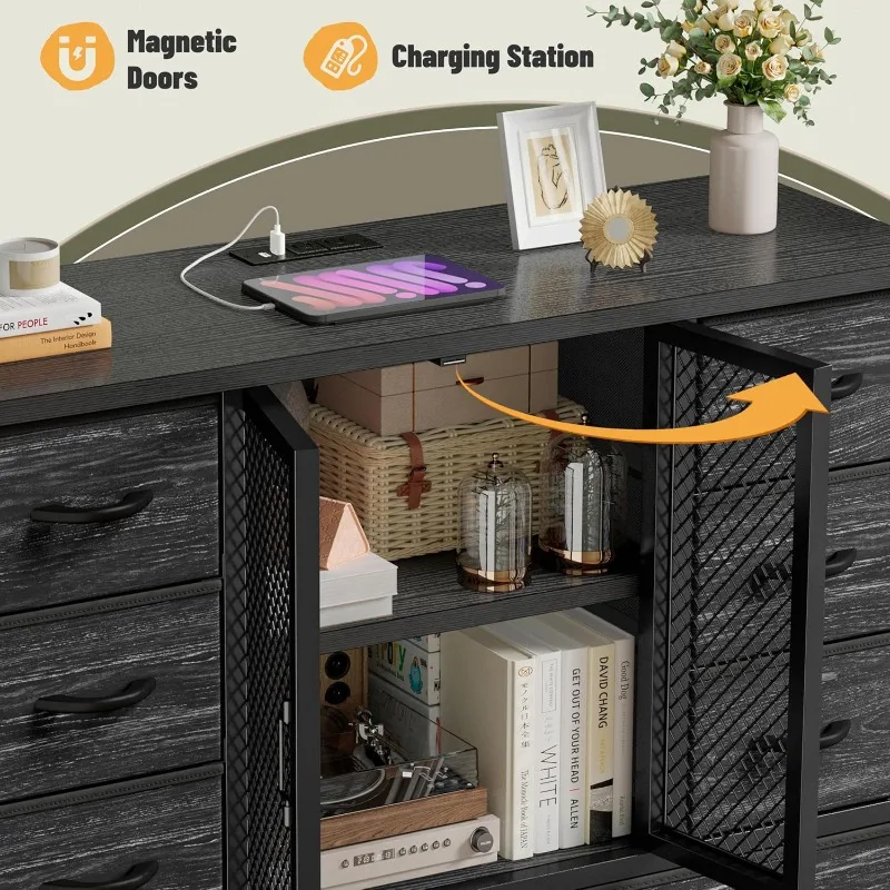 Commode haute avec 12 tiroirs pour chambre à coucher avec station de recharge et porte en maille Commodes en tissu noir, 11,8" P x 37,8" L x 50,6" H
