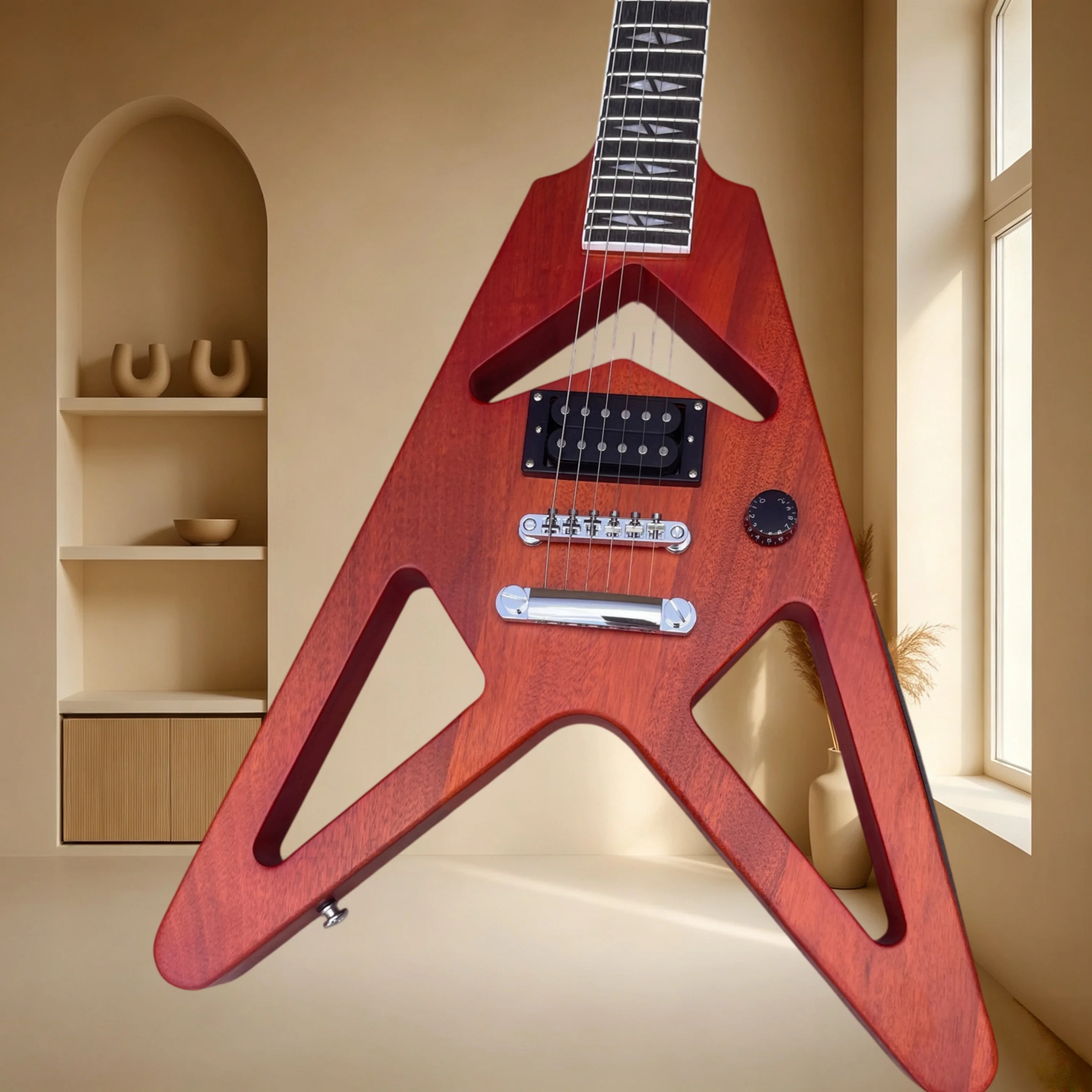 Hollow Triangle V Electric Guitar Mahogany Matte Red Body Arrow Inlay Single High Output Humbucker Heavy Metal Stage Performance