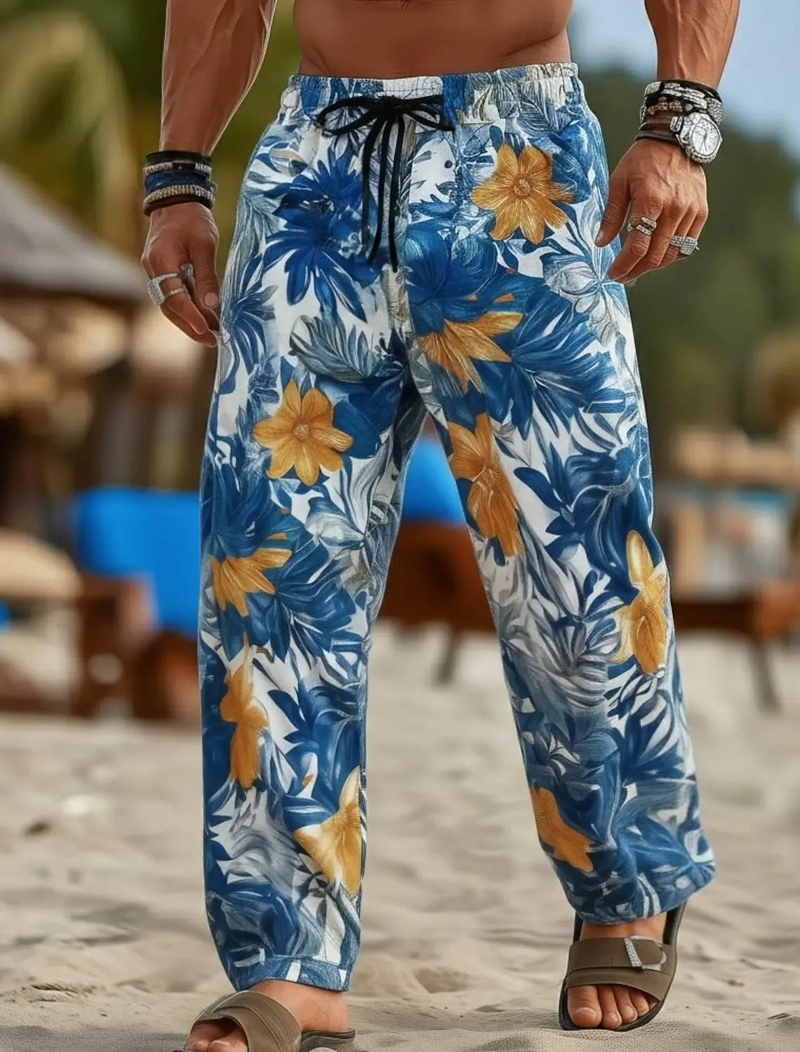 

Men's Tropical Beach Trousers Floral Leaf Print Blue Yellow White Wide Leg Fashion Casual Summer Holiday Loose Lightweight Pants