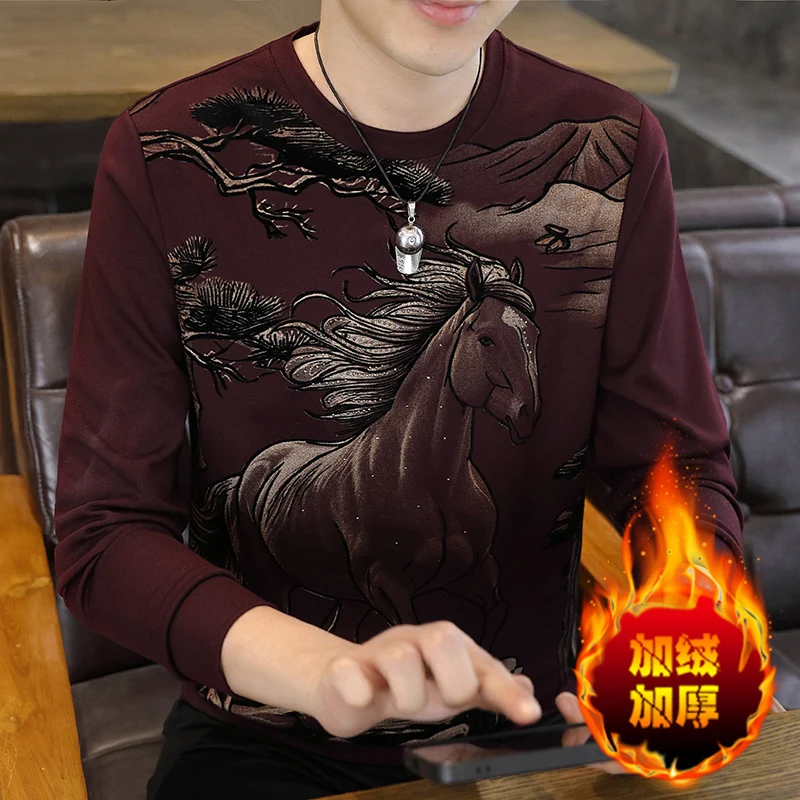 

Trendy Spring 3D Horse Print Long Sleeved Sweatshirt for Men Casual Business Sweatshirts Round Neck Versatile Social Pullover