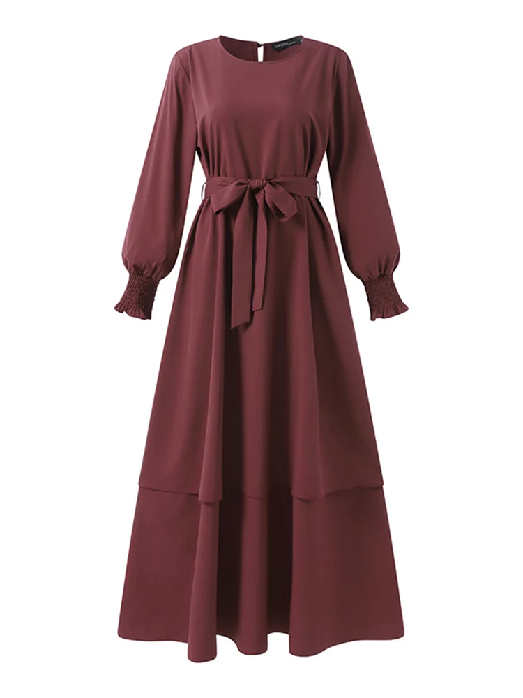 2023 ZANZEA Vintage Muslim Dress Women Long Sleeve Maxi Solid Sundress Robe Femme Female Drawstring Marocain Turkish Vestidos