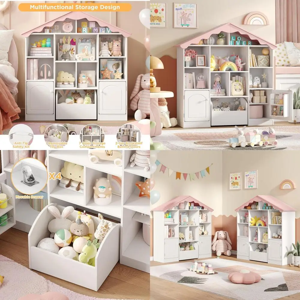 

Розовая волнистая книжная полка в форме домика с 9 контейнерами для хранения, органайзер для игрушек и книг в игровую комнату