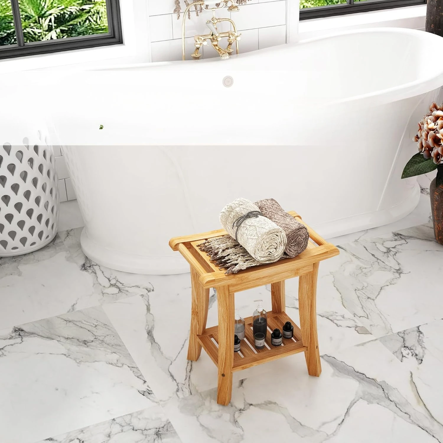 Sgabello da bagno in bambù addensato vasca da bagno a due strati e altri scaffali da bagno multifunzione