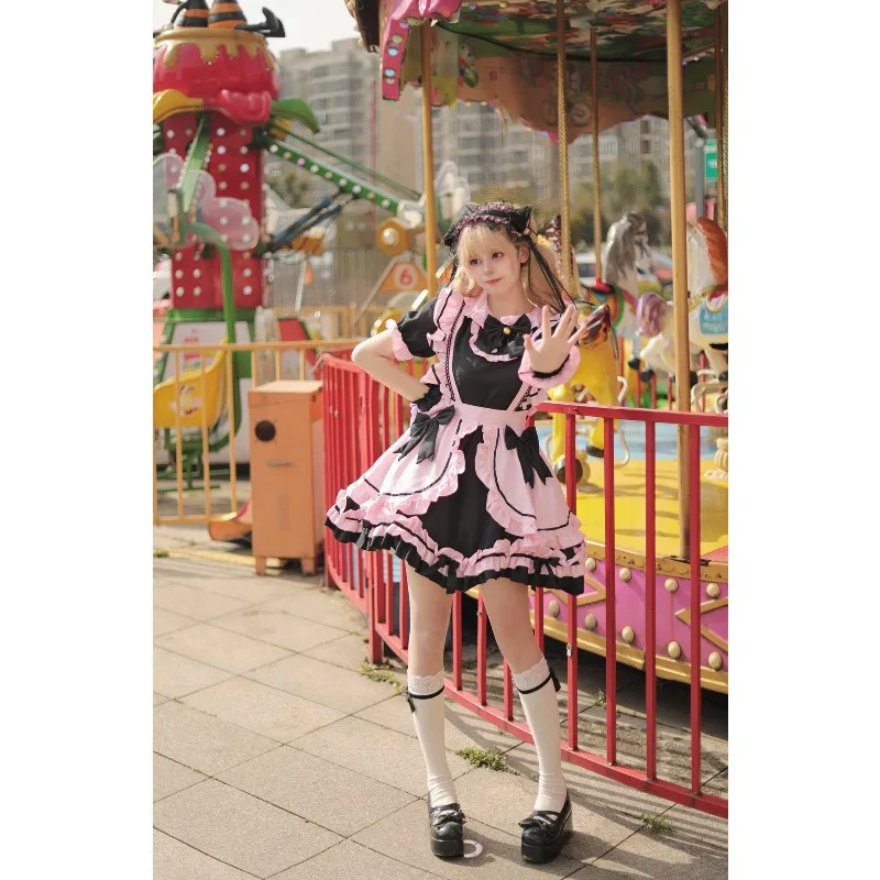 

Anime Gothic Lolita JSK Dress Short Sleeve Kawaii Bow Maid Party Dresses Cosplay Cats Girl Harajuku Cute Pink Ruffles Black