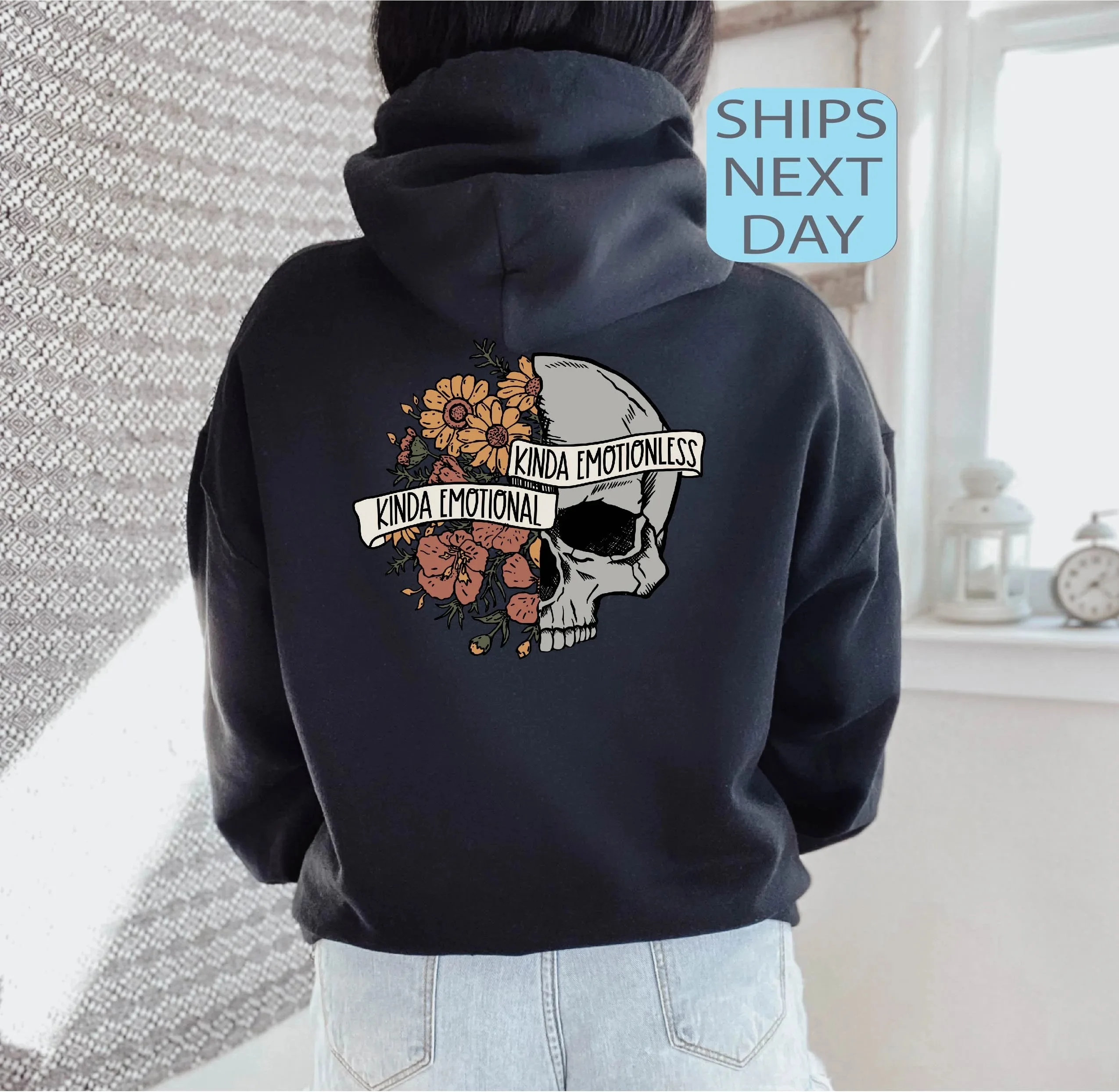

Skull - Flower and "Kinda Emotional/Emotionless" Printed Cotton Hoodie Unique and Artistic Sweatshirt To Showcase Complex Style