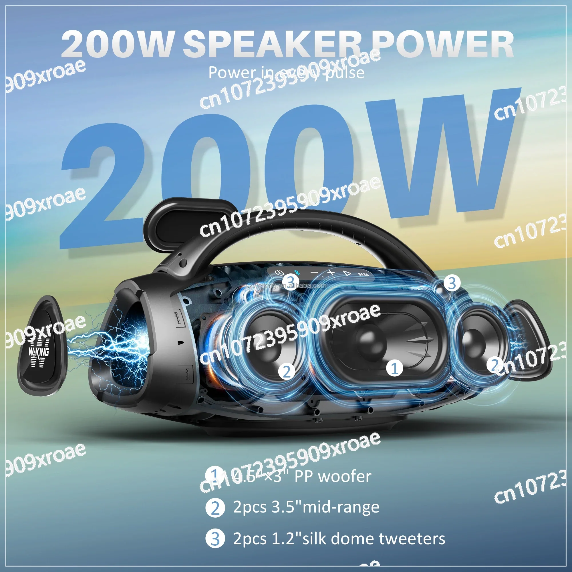 D20 Powerful 200W Super Bass IPX6 Waterproof Outdoor Boombox Wireless Bluetooth Speaker, with Fast Charging