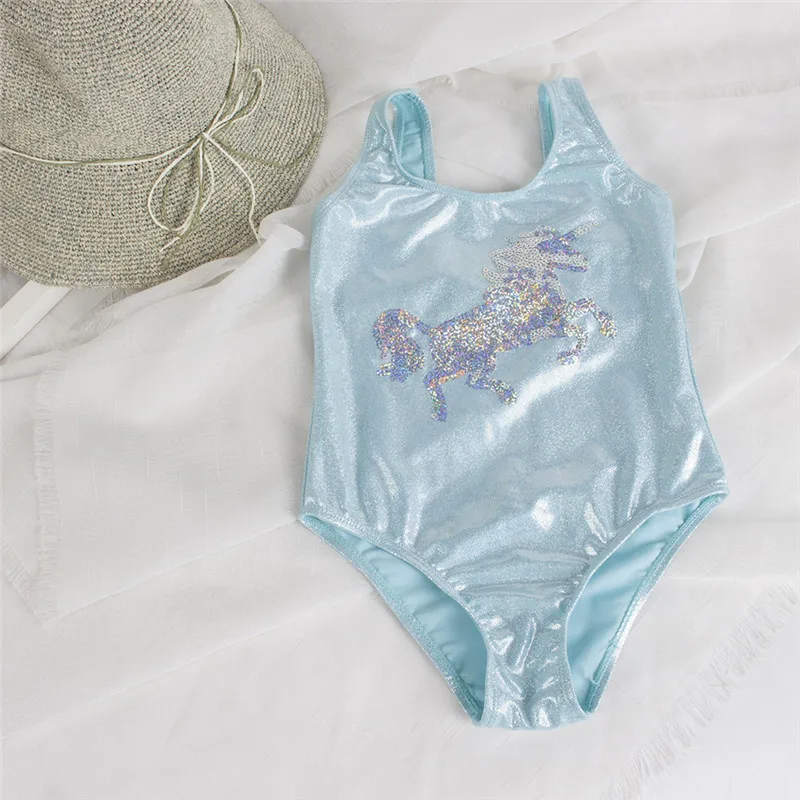 Summer Solid Shinning Children Baby Girls Kids One Piece Swimwear Swimsuit Unicorn Embroidery Deco Toddler Girls Bathing Suit