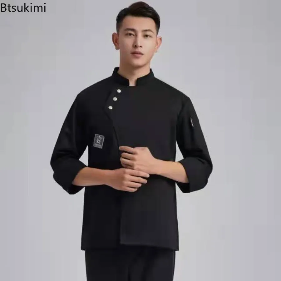 Short and Long Sleeve Chef Jacket Oblique Placket Stand Collar Breathable Summer Kitchen Work Uniforms for Men Women Restaurant