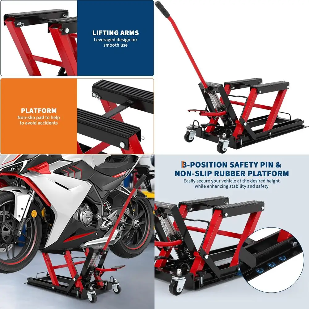 

Красный усиленный подъемник для мотоциклов 1500 фунтов (680 кг) с диапазоном подъема 2,2-6,6 м для квадроциклов/вездеходов/мотоциклов, с противоскользящим покрытием и предохранительным замком