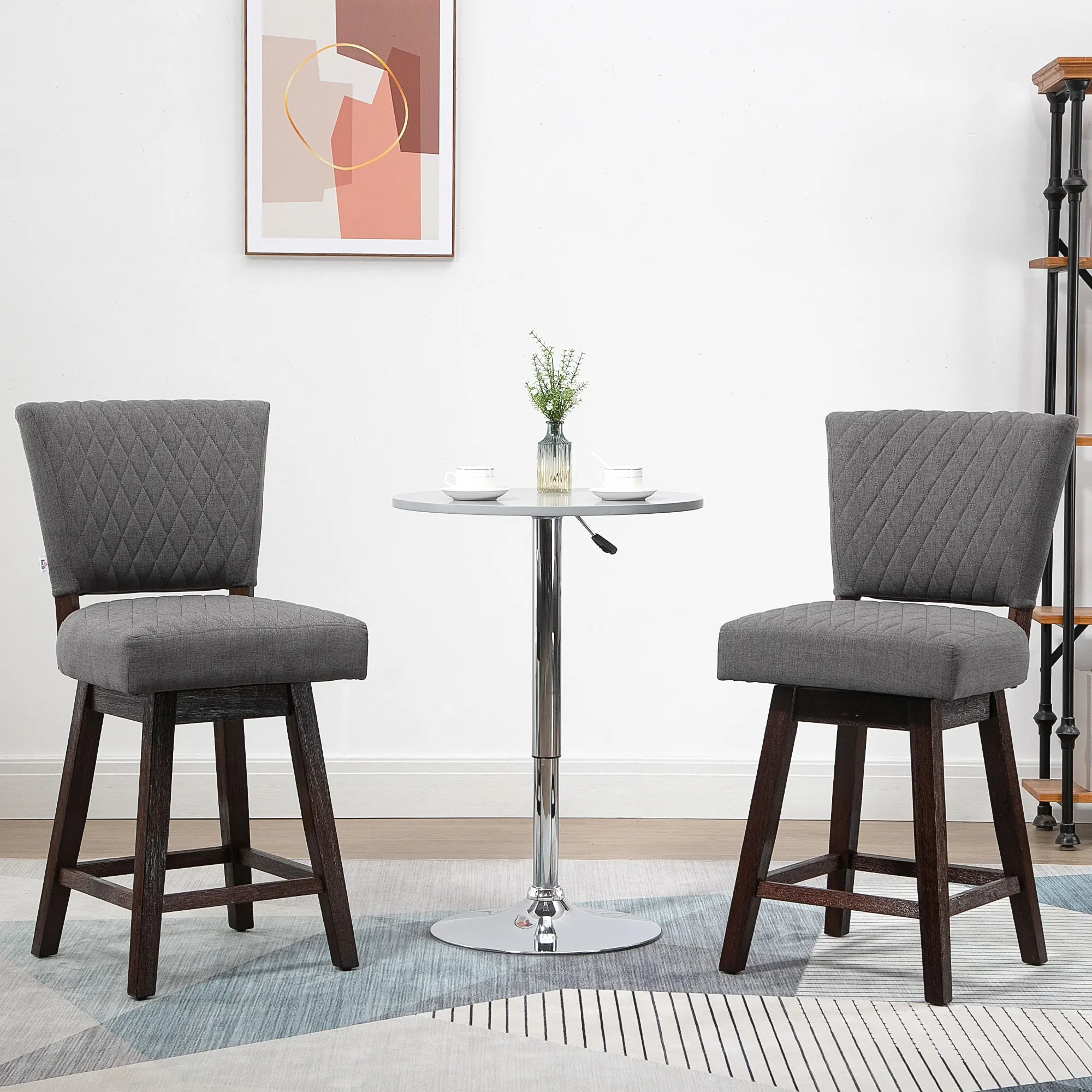 Swivel Bar Stools Set of 2 for Kitchen Counter Wood Legs Foot Rest, Grey