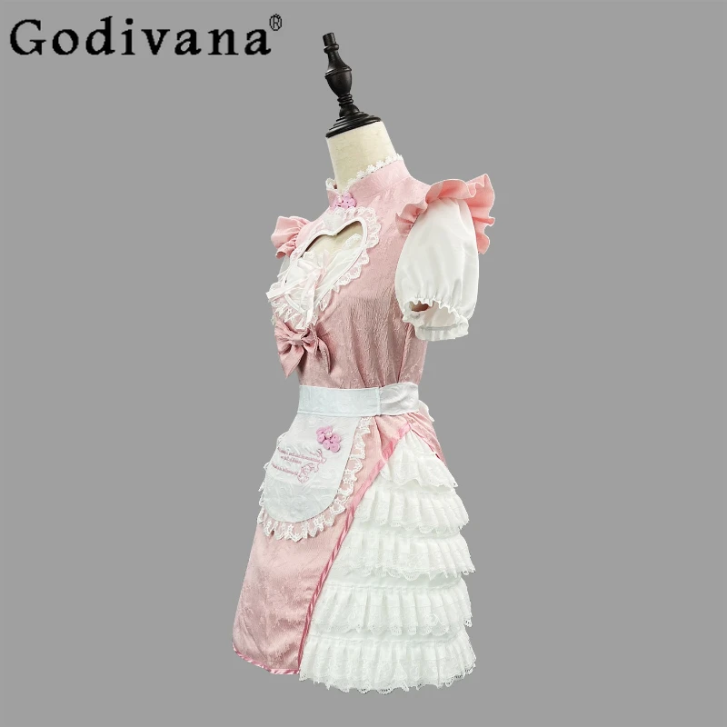 Chinese Style Improved Role Play Dress Women's National Style Maid Pink Dress Female Summer Cheongsam Cosplay Dress
