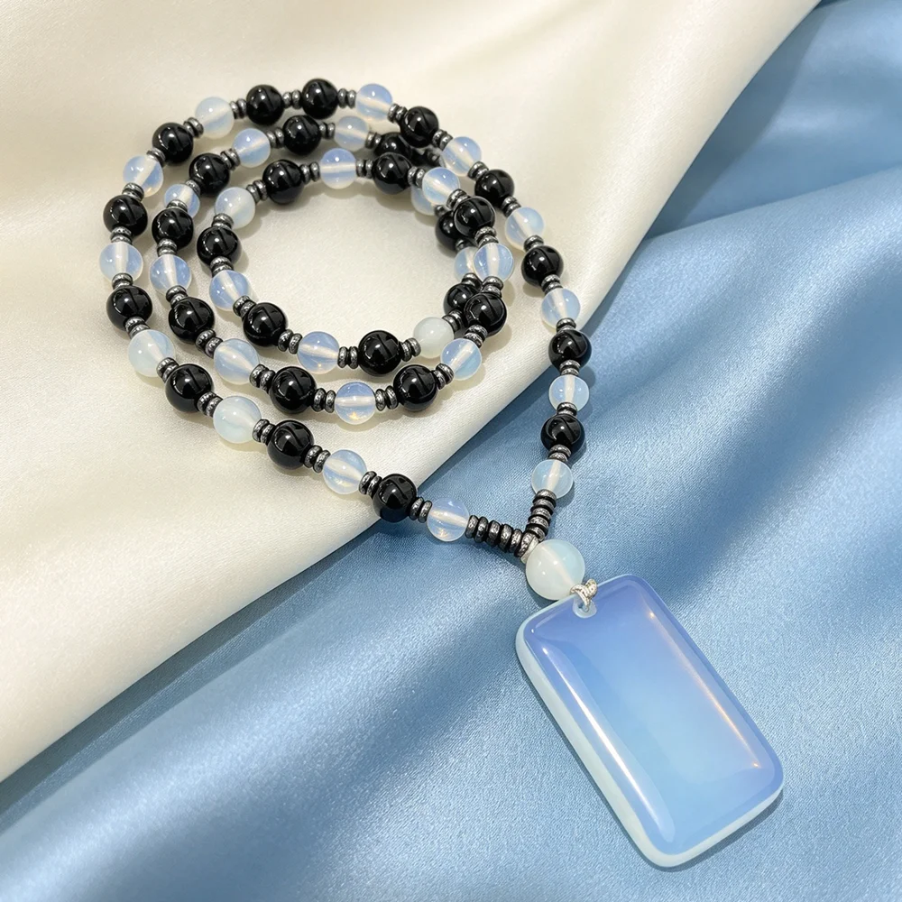 Long Opalescent Blue Opalite Rectangle Pendant Beaded Necklace, Hypoallergenic Unisex Minimal Casual Birthday Anniversary Gift