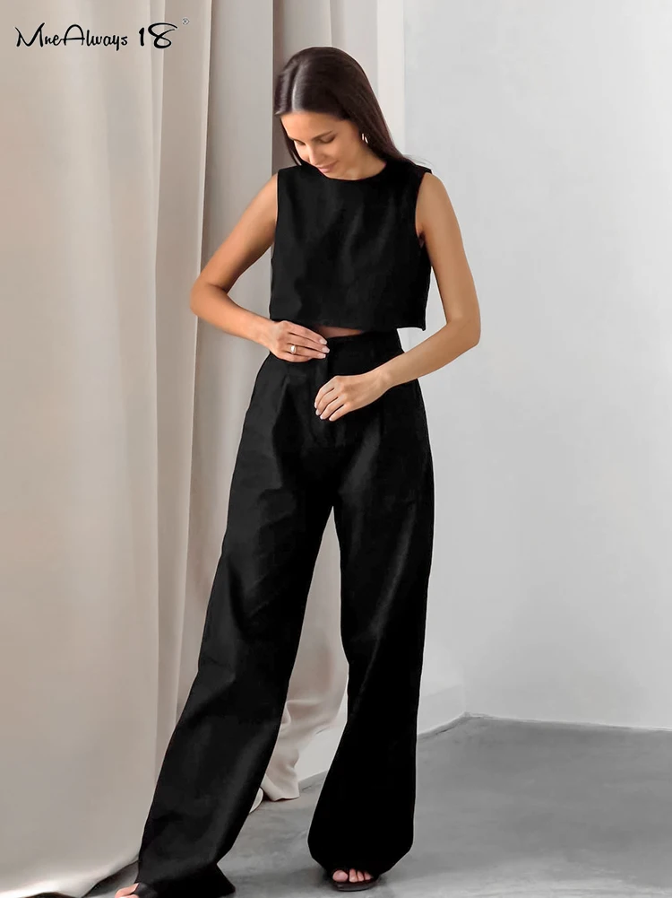 Mnealways18 Black Cotton Linen Pants Sets Office Tank Tops And Wide Legs Pants 2 Pieces Suits Summer 2024 Casual Pants Outfits