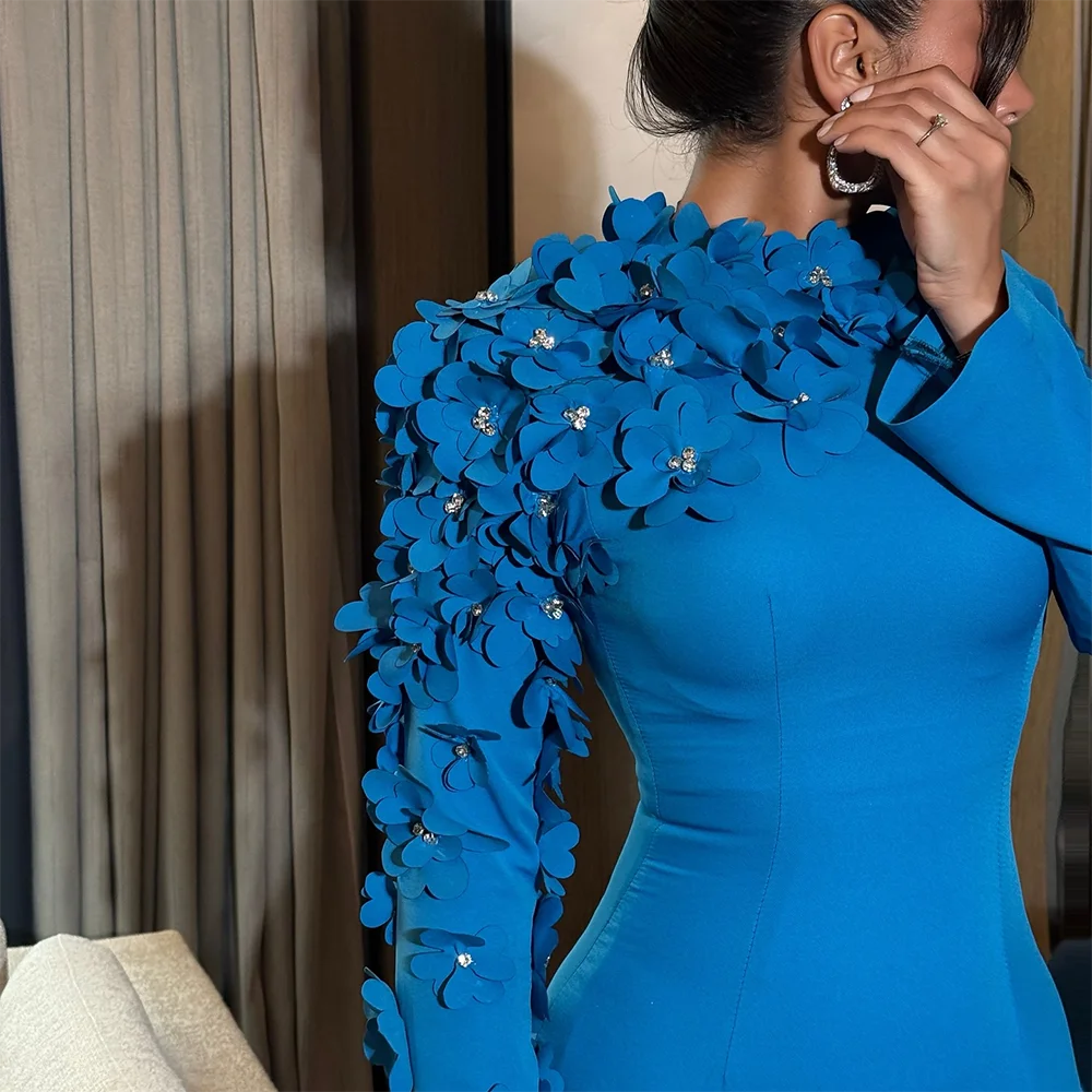 Saoedi-Arabische avondjurk blauw O-hals lange mouwen applique zeemeermin avondjurken geplooide lange formele jurken op maat