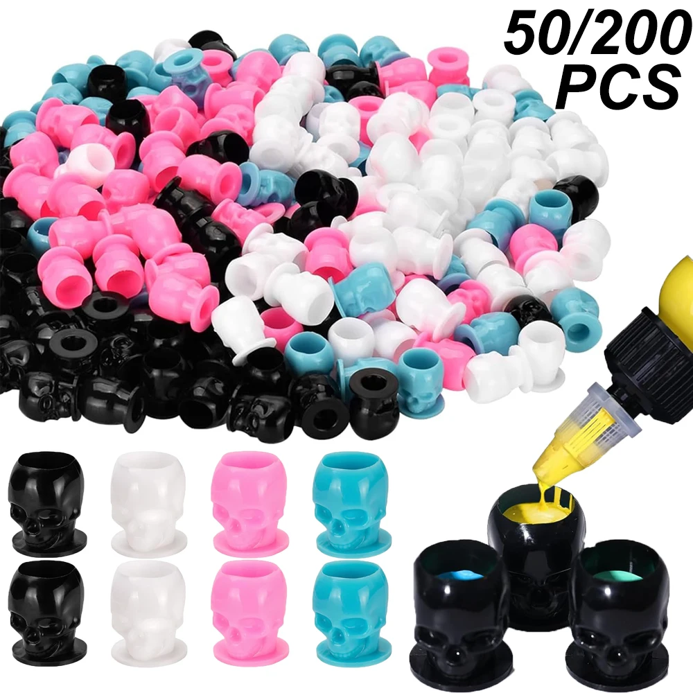 

50/200 шт. одноразовые стаканчики для тату-чернил в форме черепа, держатели для пигмента с основанием, контейнеры для перманентного макияжа, аксессуары для татуировок