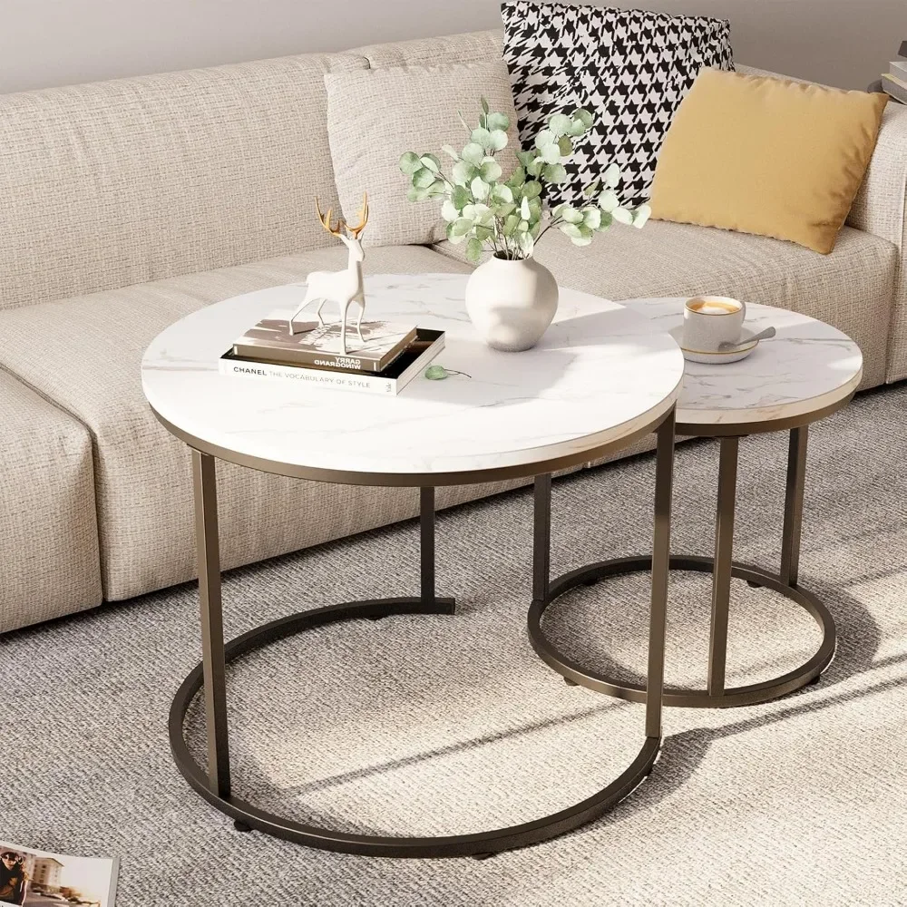 Round Nesting Coffee Table Side Table Set of 2 End Tables for Living Room Bedroom, White Marble Table  Accent  Black Steel Frame