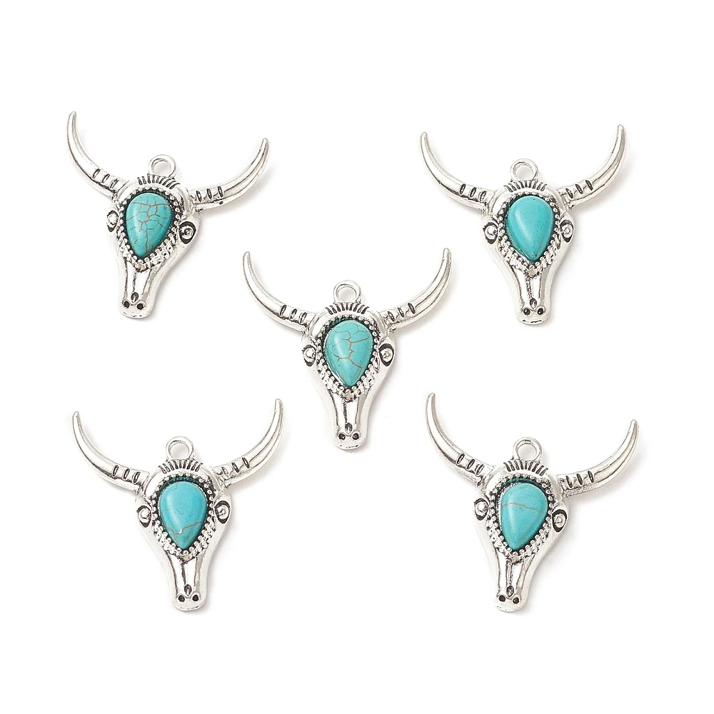 

50 pcs Synthetic Turquoise Pendants Cattle Head Charms Antique Silver Color For Making DIY Jewelry Necklace Earring Charms