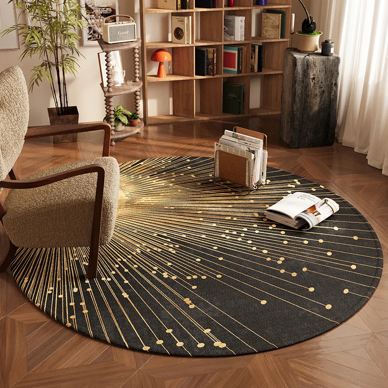 Artistic Round Rug Eye Catching Golden Line Abstract Design Floor Mat Popular Home Decoration Piece for Living Area Bedroom